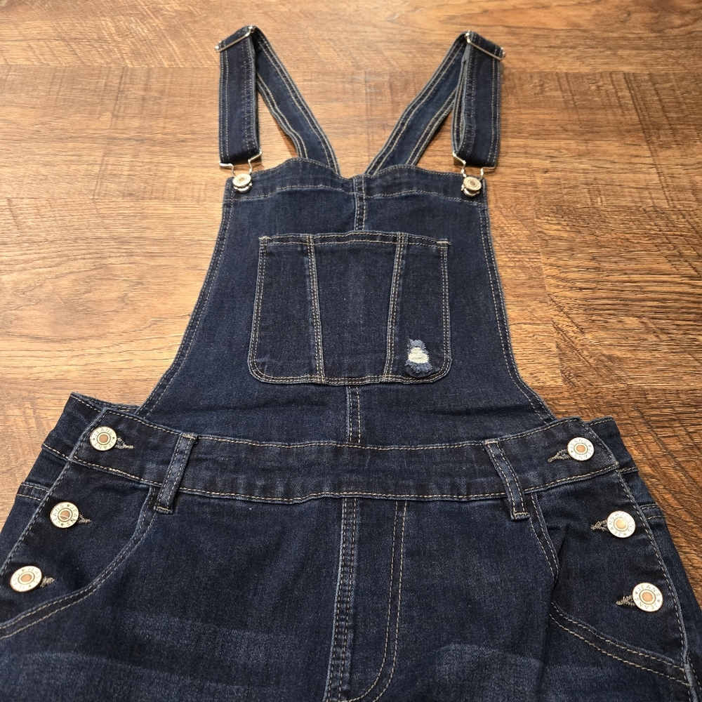 Denim Overalls Jeans Distressed Raw Hem Bootcut Dark Wash Cotton Stretch Farm S - Picture 13 of 13